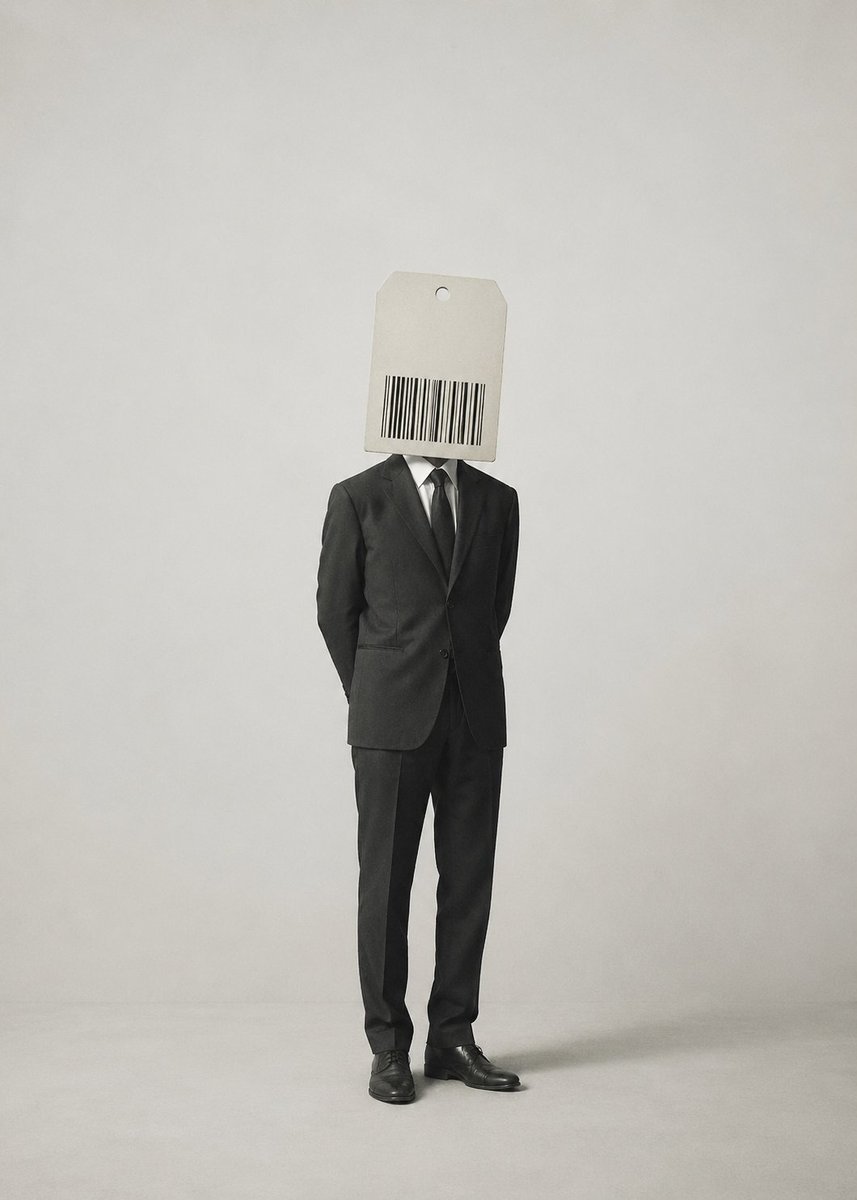 Surrealist Satirical Illustration Prompt Qwen Image prompt example: Generates a minimalist, surrealist illustration in the style of Magritte, featuring a figure with a barcode...