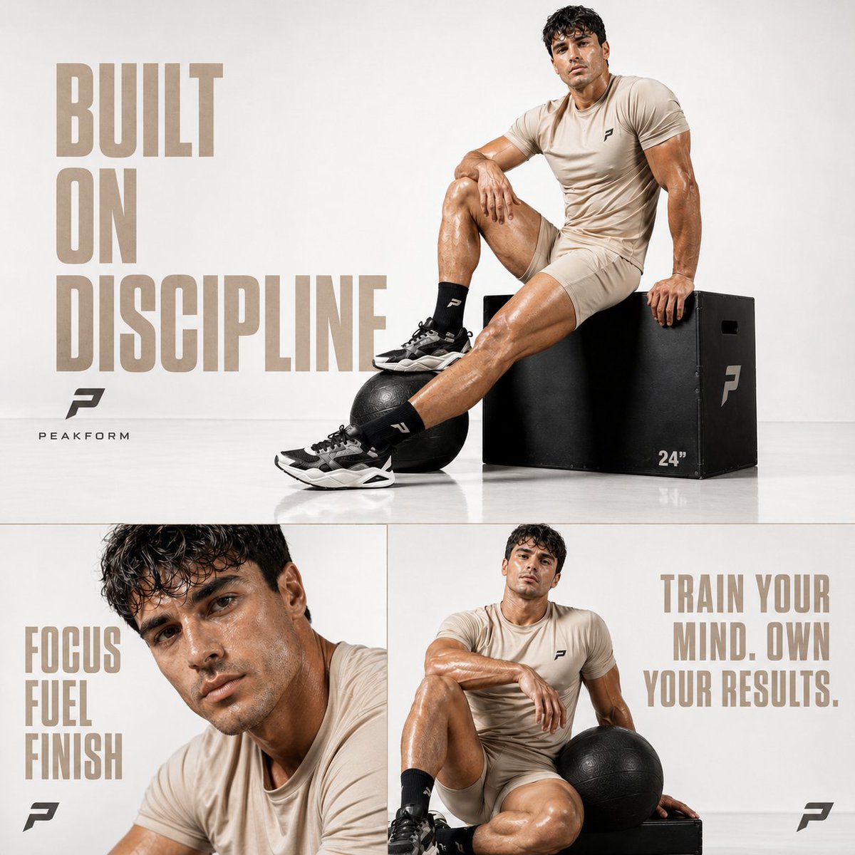 Luxury Fitness Editorial Prompt Qwen Image 프롬프트 예시: A high-end commercial prompt for fitness photography, producing a clean, cinematic athletic portrait with minimalist branding...