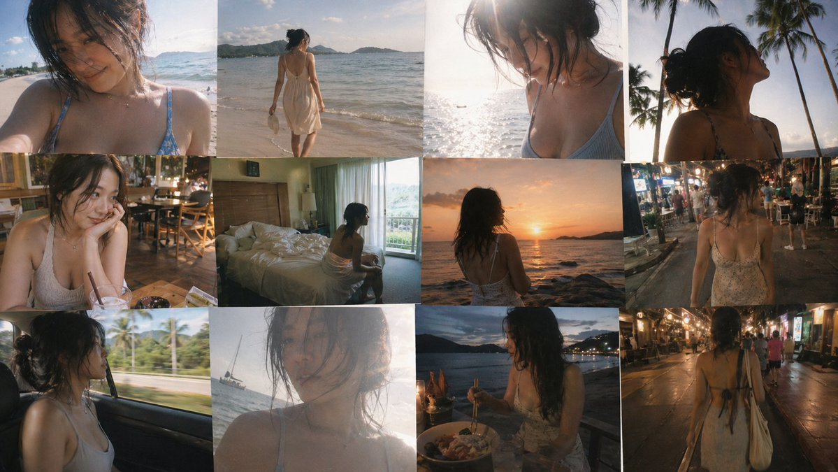 Travel Snapshot Collage Prompt のQwen Imageプロンプト例: A detailed prompt for creating a nostalgic, 12-frame collage of smartphone-style travel photos depicting a solo journey.