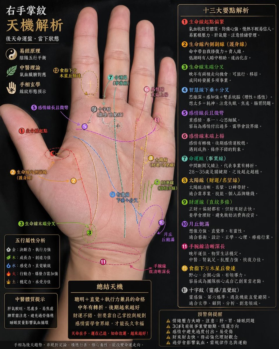 Palmistry Analysis Card Generator のQwen Imageプロンプト例: A detailed system prompt for a palmistry expert to analyze hand photos and create a magazine-style information card with...