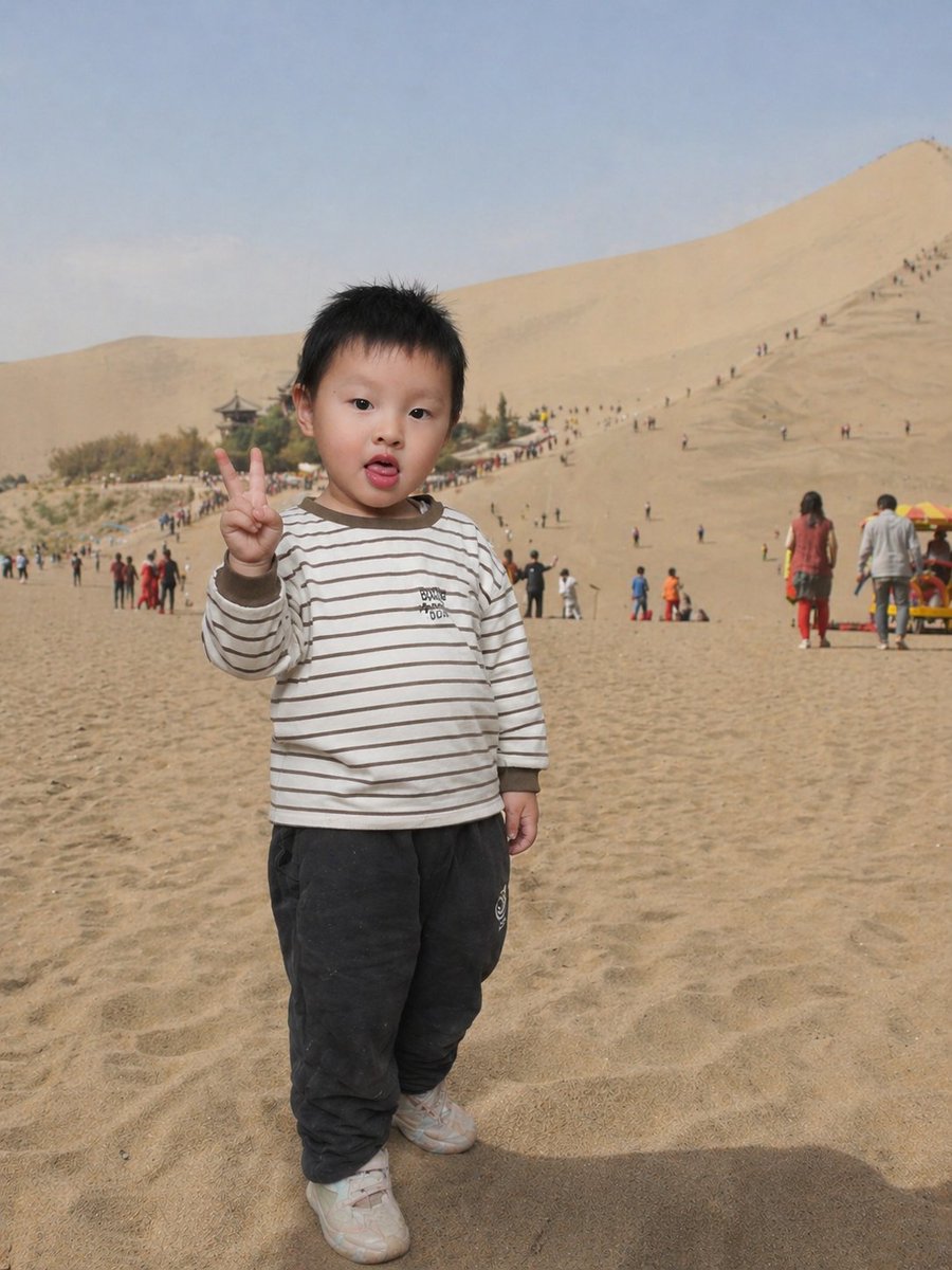 Photo Modification and Scene Swap Qwen Image prompt example: A prompt to modify a person's photo by changing the background to a desert, altering hand gestures, and removing...