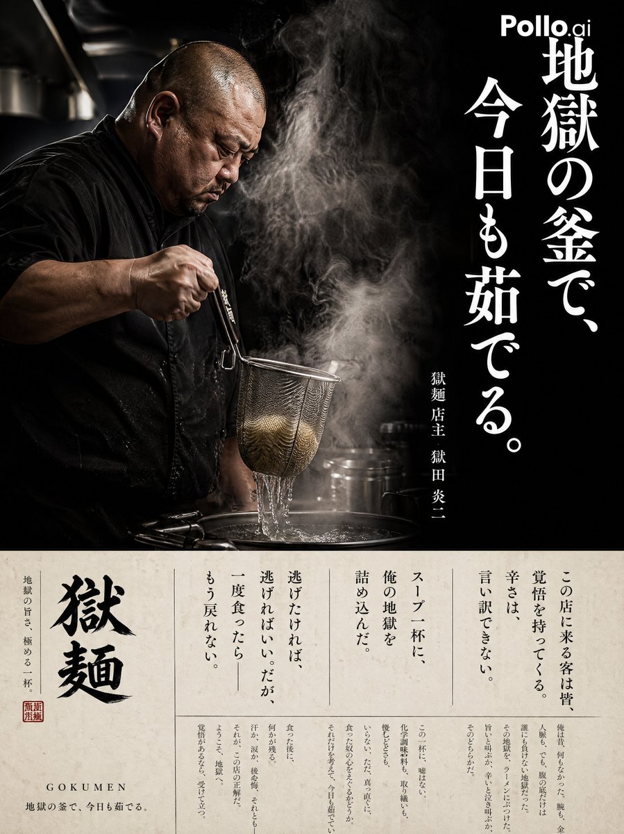 Cinematic Ramen Shop Commercial Poster のQwen Imageプロンプト例: A complex, multi-part prompt for a vertical commercial poster featuring a chef in action, dramatic steam, and a...