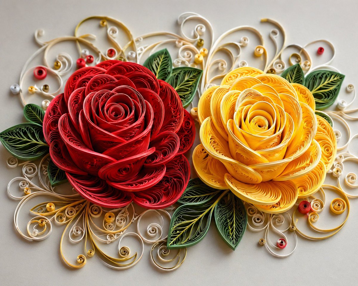 3D Paper Quilling Floral Art のQwen Imageプロンプト例: Generates high-definition artwork of flowers using 3D paper quilling and filigree techniques with soft natural lighting.