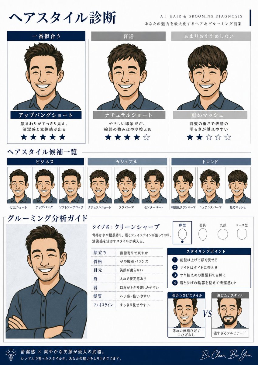 AI Hair and Grooming Diagnosis Report Qwen Image prompt example variation 2: A detailed prompt for creating a professional grooming diagnostic report, including hairstyle...