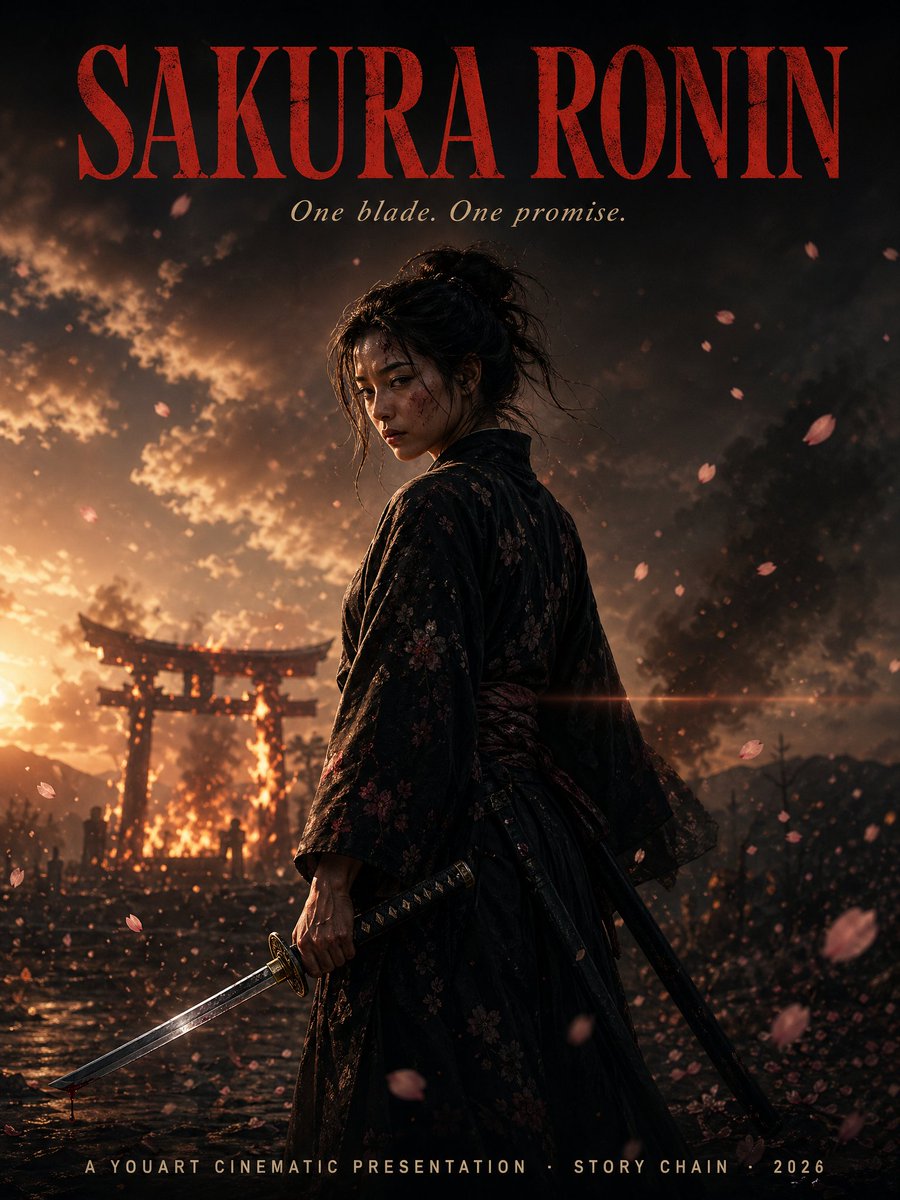 Cinematic Sakura Ronin Poster Qwen Image prompt example: This prompt generates a dramatic film-style poster of a lone female ronin with falling cherry blossoms, a katana, fiery...