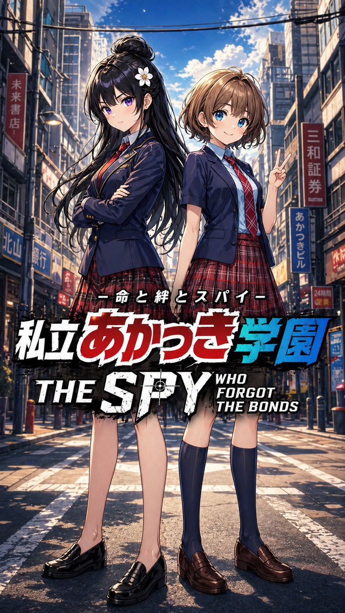 Anime School Spy Movie Poster 的 GPT Image 2 提示词示例图：A cinematic vertical anime poster showing two schoolgirls in a Japanese city street with bold bilingual title text, ideal for...