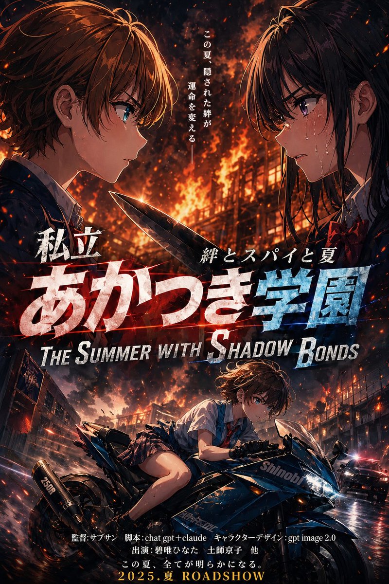 Burning Anime School Thriller Poster のQwen Imageプロンプト例: A high-impact anime-style movie poster featuring rival students, a burning campus, and a motorcycle chase, ideal for...