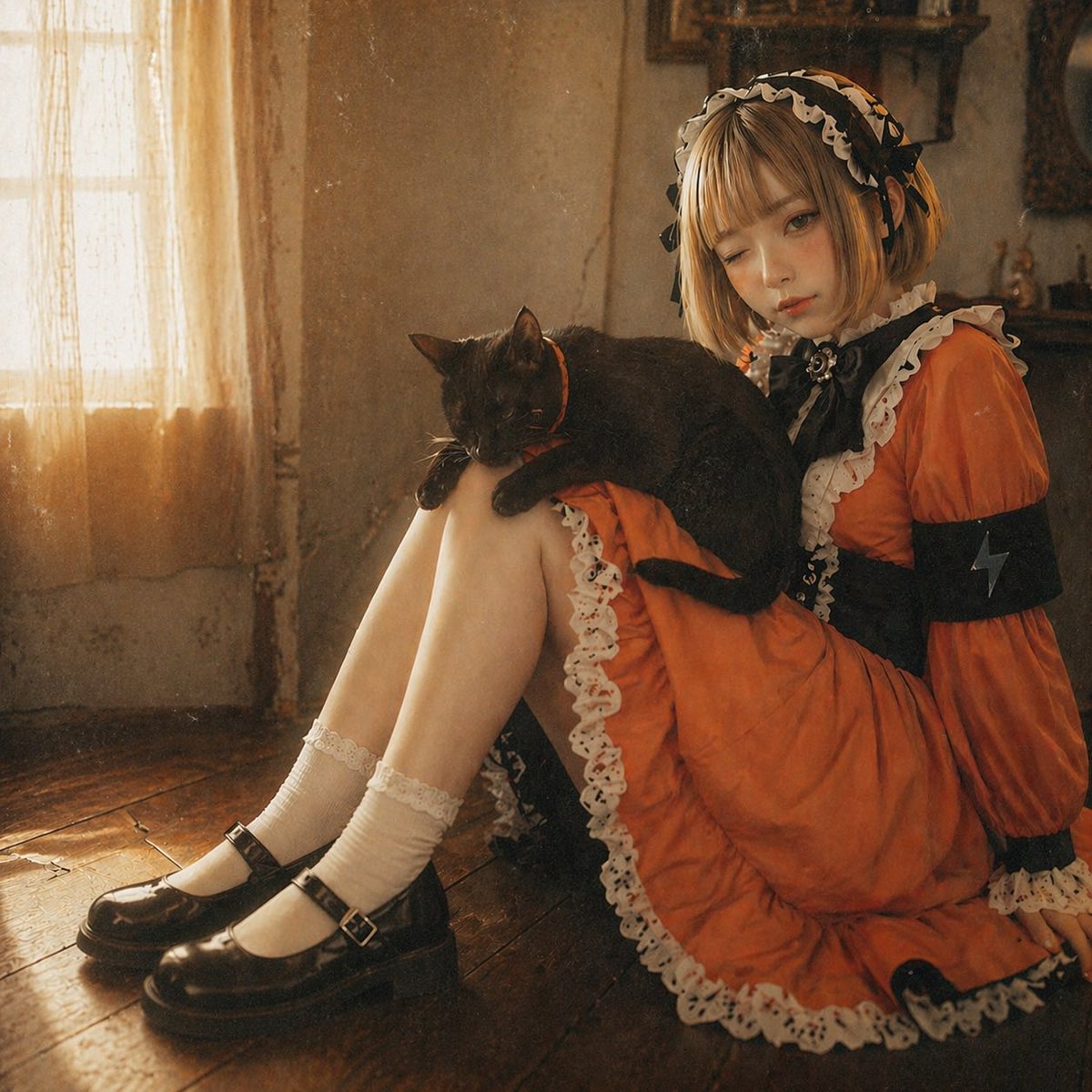 Anime Girl to Cinematic Photo 的 GPT Image 2 提示词示例图：This prompt turns a character reference illustration into a realistic, warm-toned vintage interior portrait while preserving...