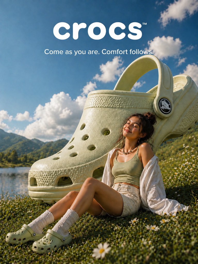 Surreal Crocs Summer Ad Poster Qwen Image prompt example: This prompt generates a polished vertical lifestyle ad featuring a woman relaxing beside a giant Crocs-style clog, ideal...