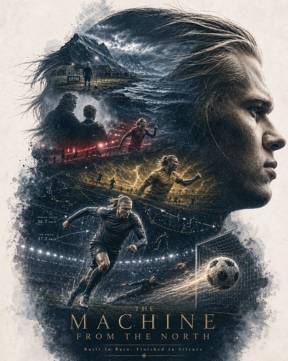 Cinematic Nordic Football Legend Poster GPT Image 2 prompt example: This generates an epic double-exposure sports poster of a football star, ideal for athlete portraits, fan...