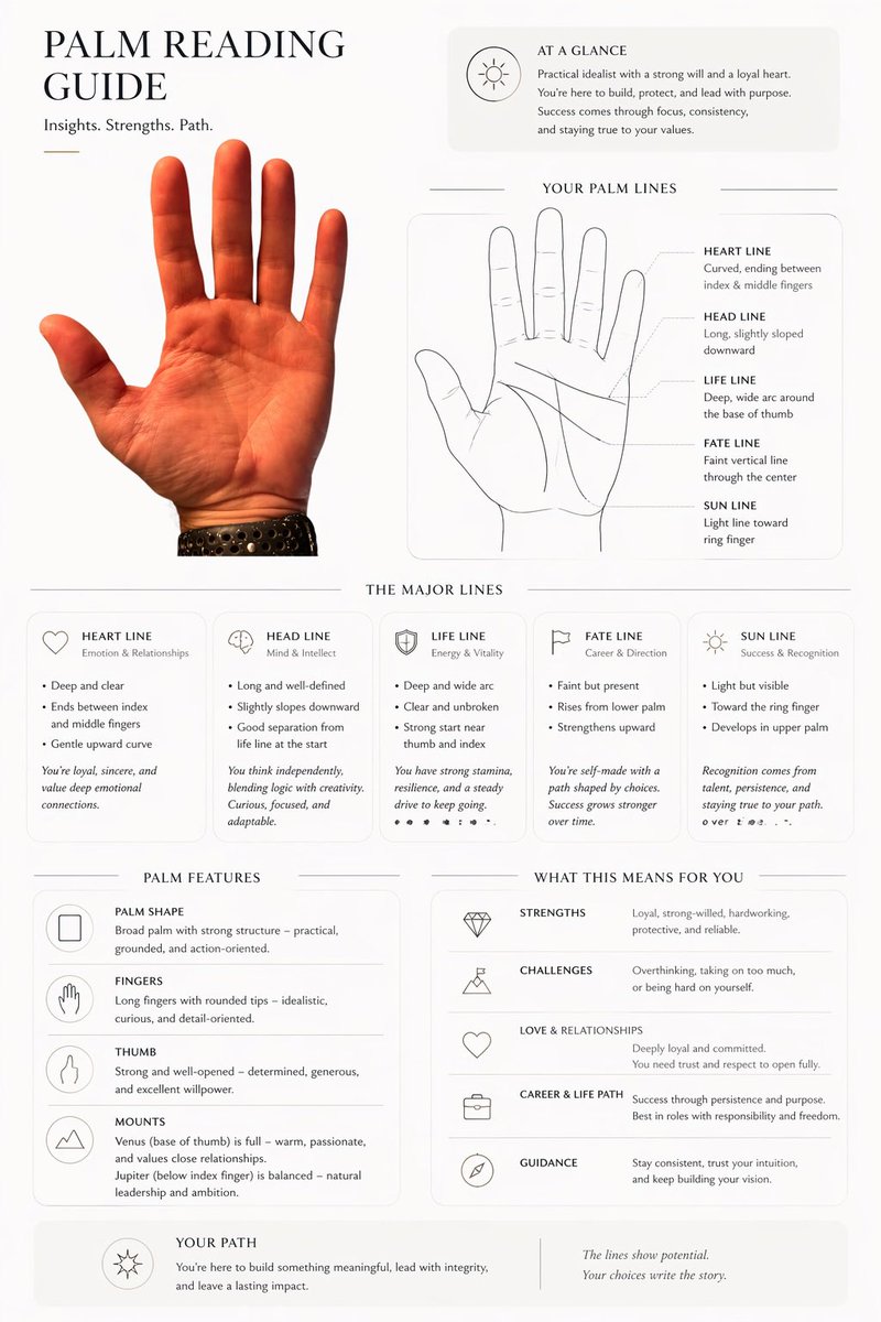 Editorial Palm Reading Infographic GPT Image 2 prompt example: This prompt turns a hand photo into a polished palmistry guide page for AI-generated fortune-reading, social posts,...