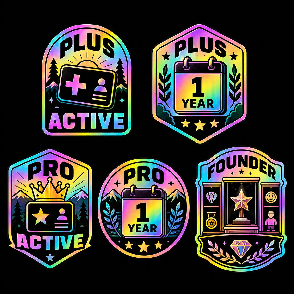 Holographic Membership Badge Set Qwen Image 프롬프트 예시: A square sticker-sheet style image of five holographic rainbow membership and achievement badges, useful for generating...