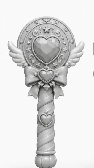 Monochrome Magical Heart Wand GPT Image 2 prompt example: This prompt generates a clean front-view studio render of a heart-themed magical wand, useful for toy concept art, 3D...