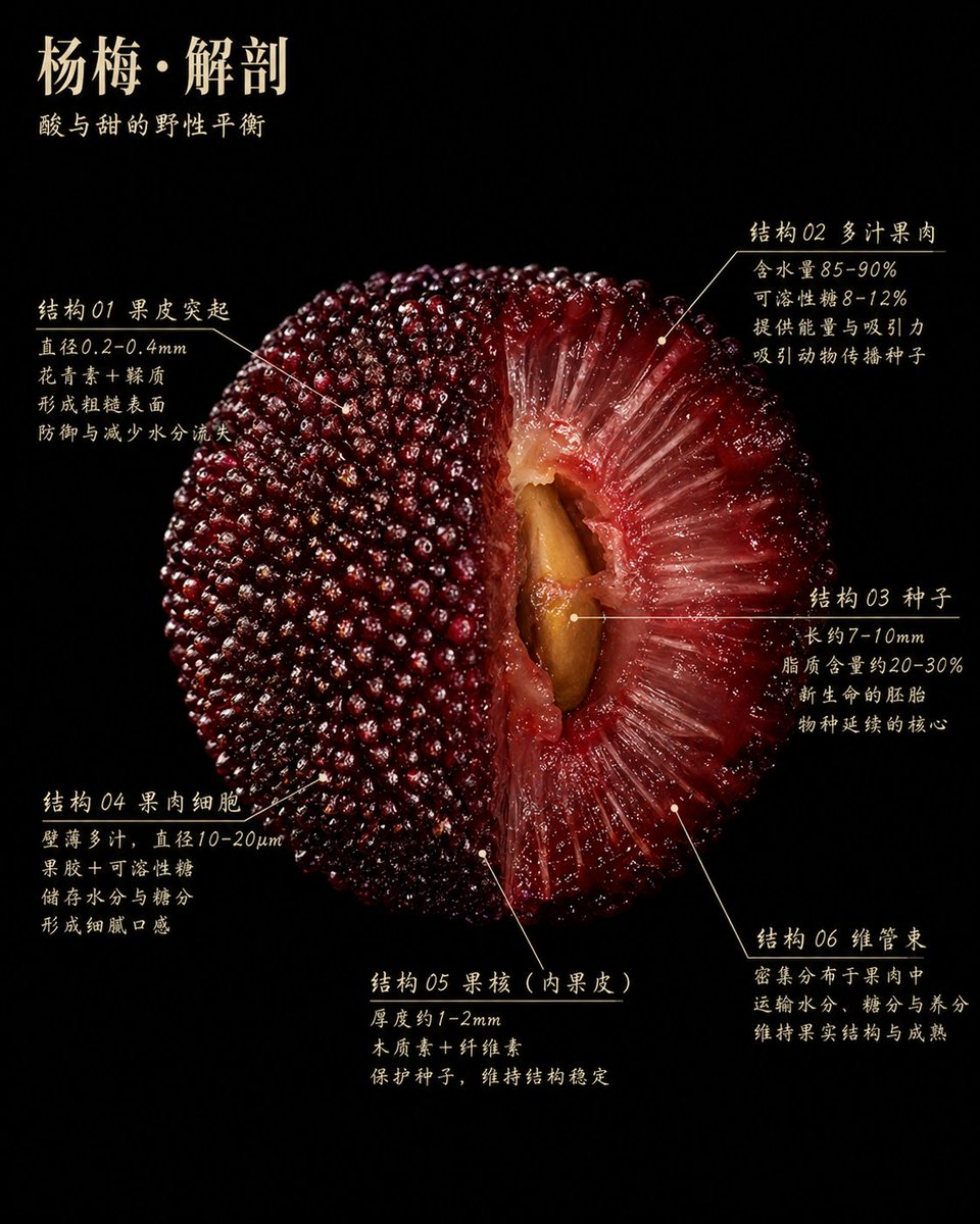 Scientific Bayberry Anatomy Poster Qwen Image 프롬프트 예시: This generates a luxurious black-background botanical infographic of a sliced bayberry with six labeled anatomical...