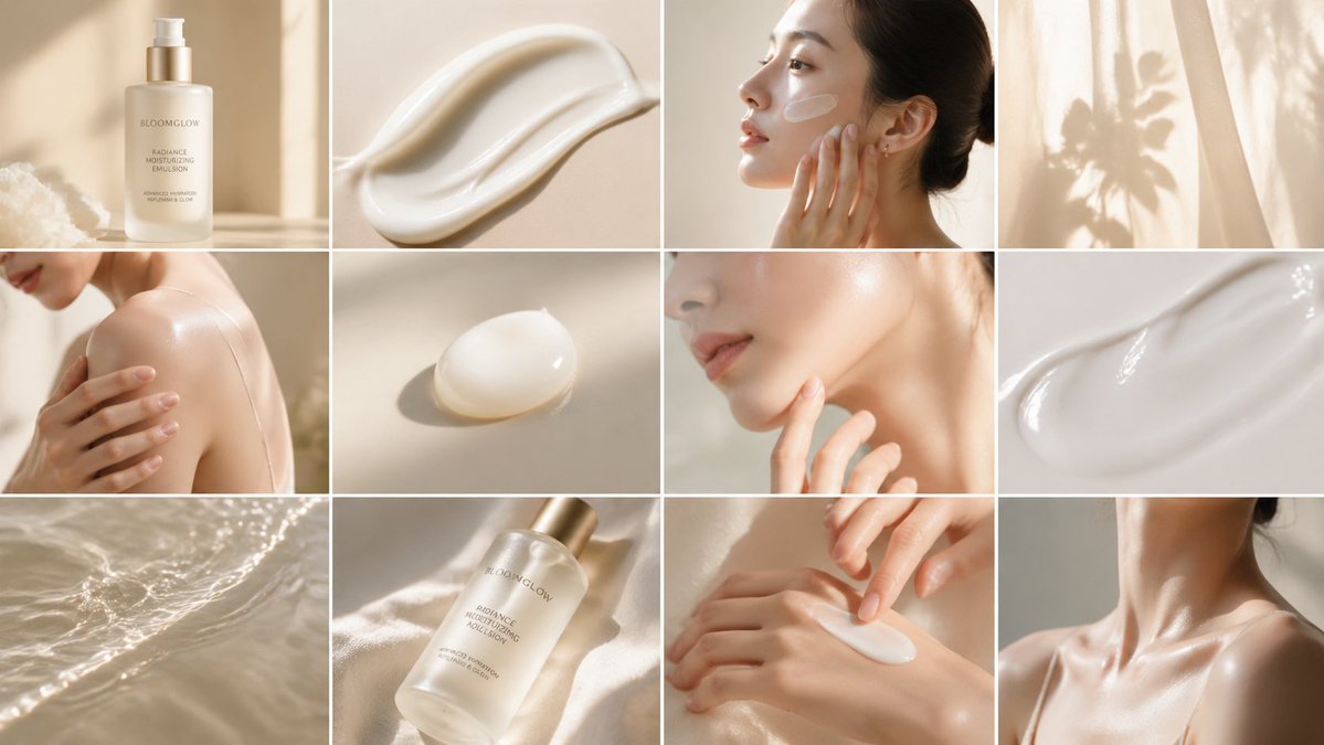 Luxury Skincare Editorial Grid Qwen Image prompt example: A 12-panel cinematic beauty collage for premium skincare branding, ideal for cosmetic ads, campaign moodboards, and...