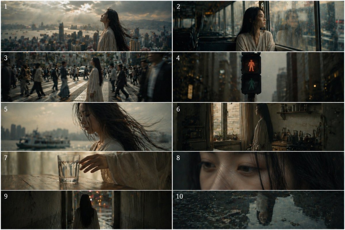 Melancholic 10-Frame Urban Storyboard のQwen Imageプロンプト例: Generates a moody ten-panel cinematic storyboard of a lonely young woman moving between city, transit, home, and...
