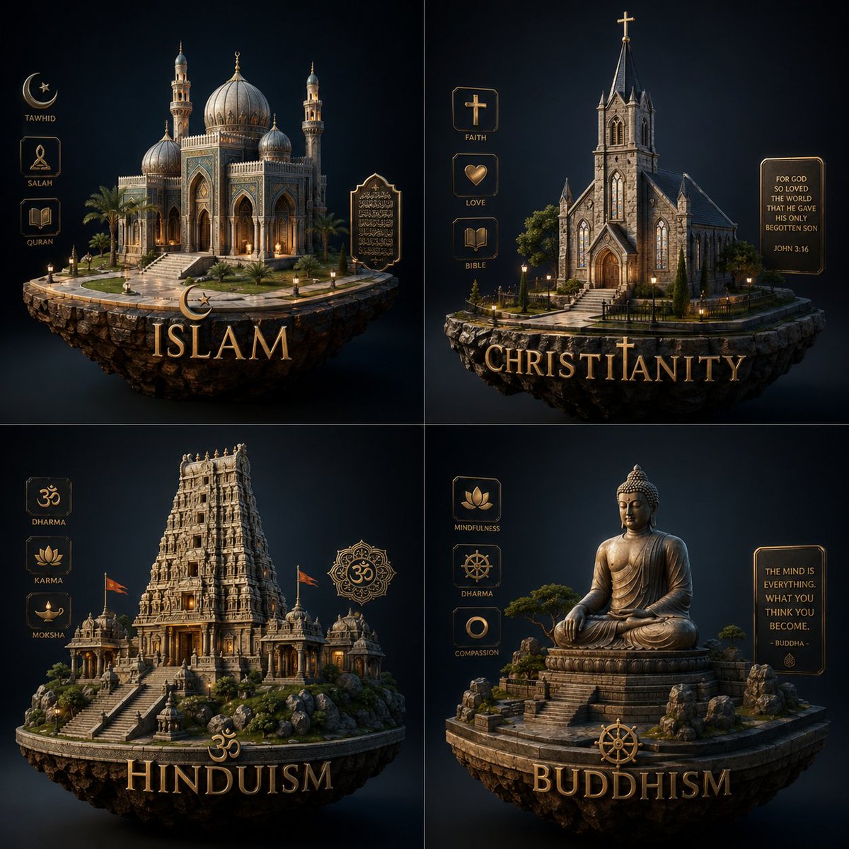 Luxury Religion Concept Poster Grid GPT Image 2 prompt example: A premium four-panel infographic-style artwork visualizing major religions as floating monument islands, ideal for...