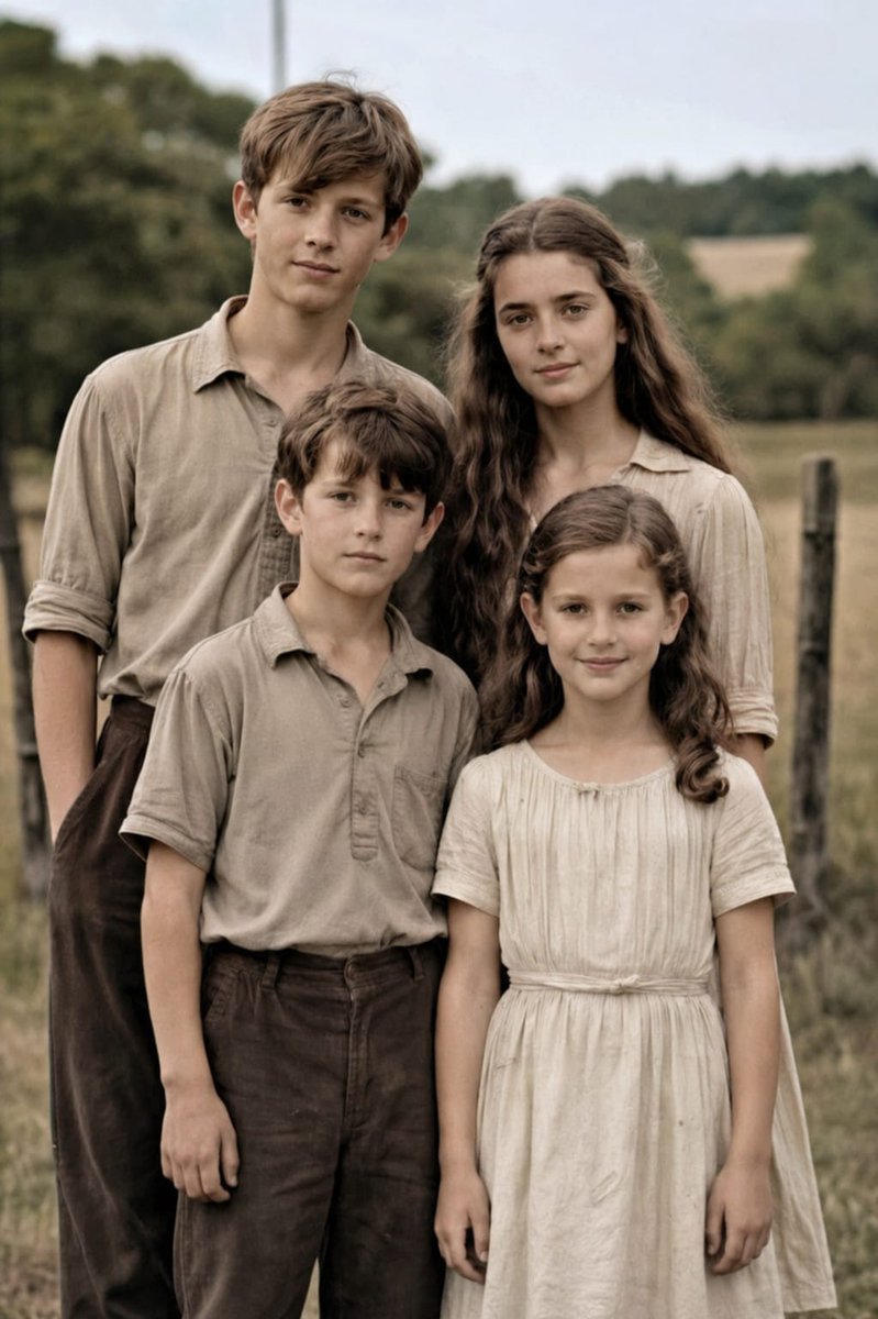 Old Photo Restoration to DSLR Portrait 的 Qwen Image 提示词示例图:This prompt restores a damaged vintage 4-person family photo into a clean, colorized, high-resolution realistic...