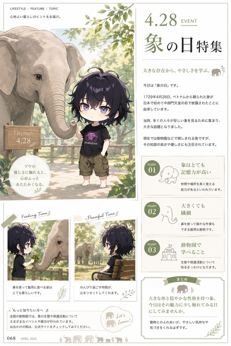 Elephant Day Magazine Feature GPT Image 2 prompt example: A soft anime-style Japanese editorial page about Elephant Day, useful for creating magazine spreads, educational...