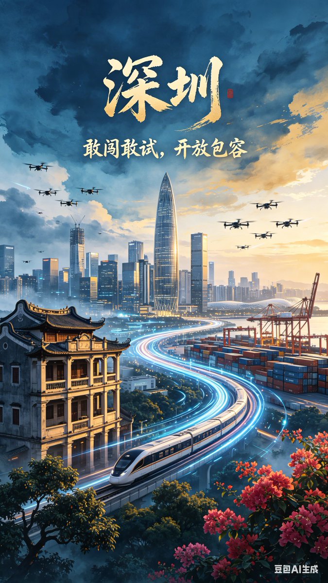 Futuristic Shenzhen City Poster Qwen Image prompt example: A cinematic city-branding poster of Shenzhen combining skyline, drones, port industry, high-speed rail, and traditional...