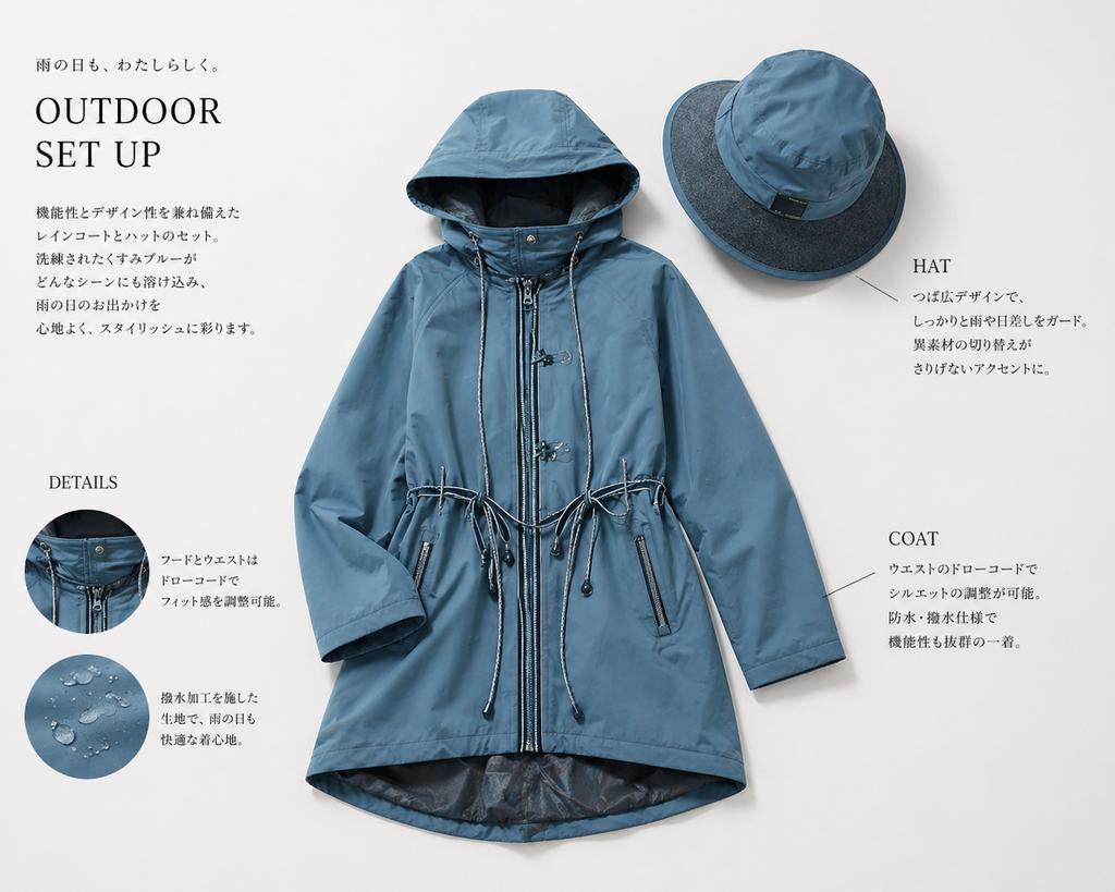 Japanese Rainwear Catalog Layout GPT Image 2 prompt example: This prompt generates a polished Japanese editorial product sheet for a blue raincoat and matching hat, ideal for...