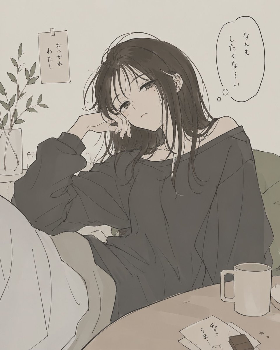 Exhausted Girl in a Quiet Room Qwen Image prompt example: This prompt generates a soft monochrome anime illustration of a weary young woman slouching at home, ideal for mood art,...