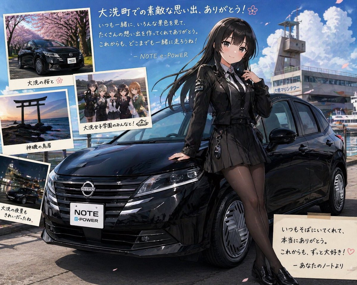 Anime Car Personification Tribute Poster Qwen Image prompt example: A sentimental anime-style collage poster showing a black Nissan Note e-POWER personified as an elegant young...