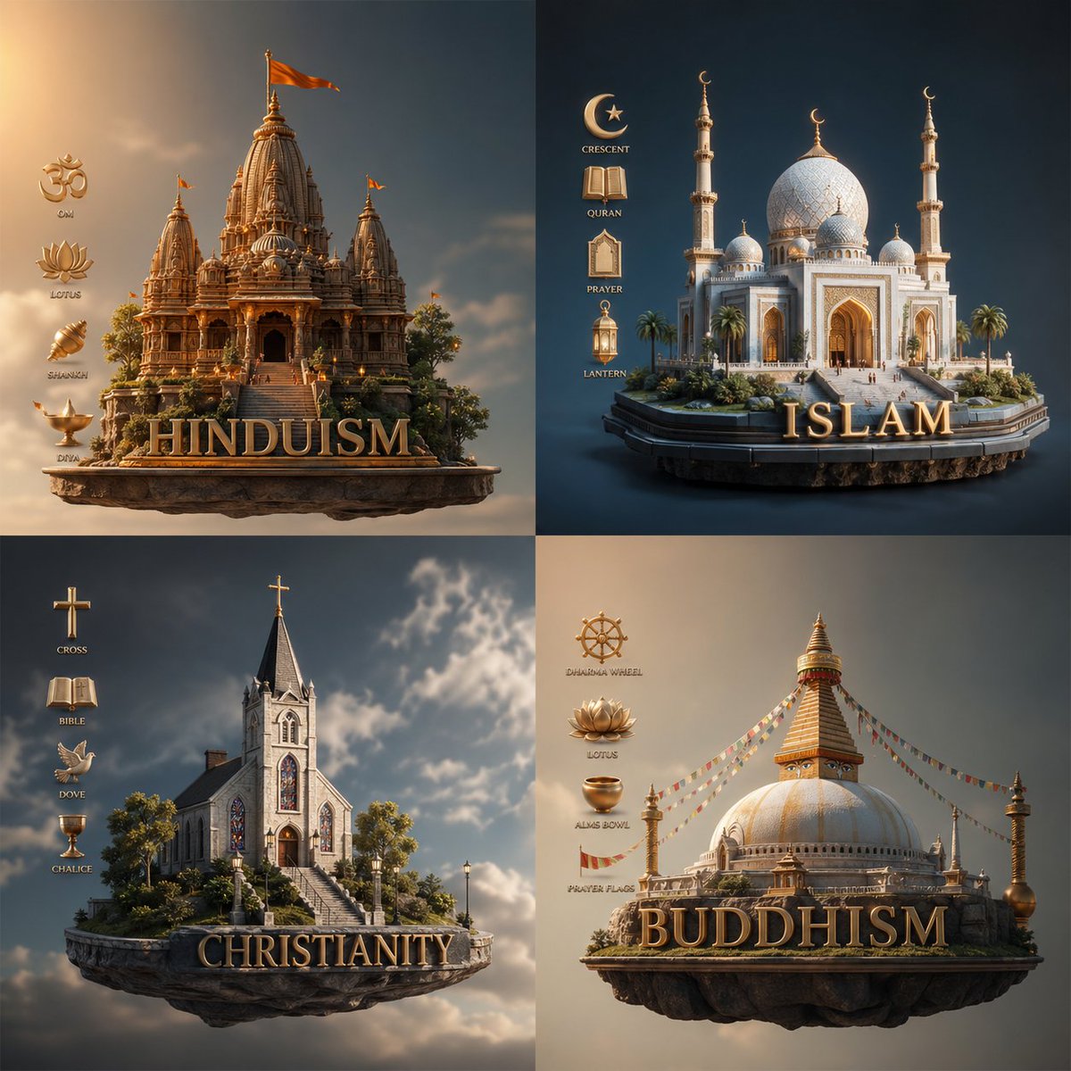 Four Religions Diorama Infographic Qwen Image 프롬프트 예시: A polished 2x2 conceptual poster showing four major religions as floating miniature architectural dioramas with labeled...