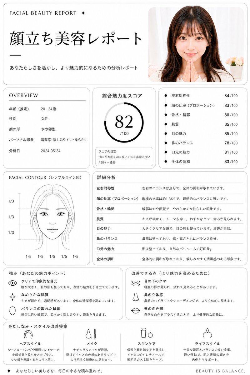 Japanese Facial Beauty Report Layout Qwen Image 프롬프트 예시: Generates a polished Japanese beauty-analysis report UI from a reference portrait, useful for mockups of skincare,...