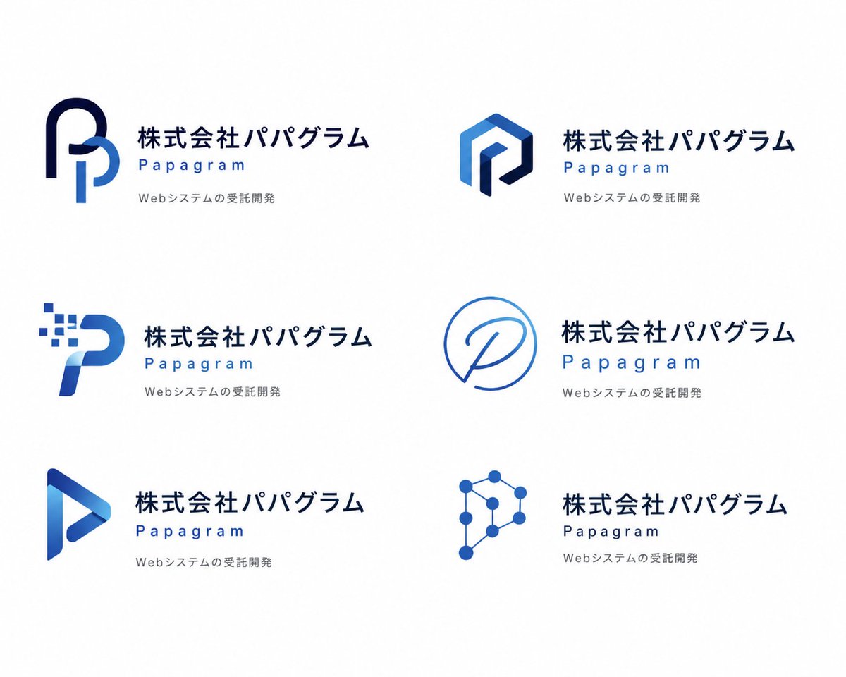 Modern Corporate Logo Concept Grid GPT Image 2 prompt example: A clean presentation sheet showing six blue logo concepts for a Japanese tech company, ideal for branding...