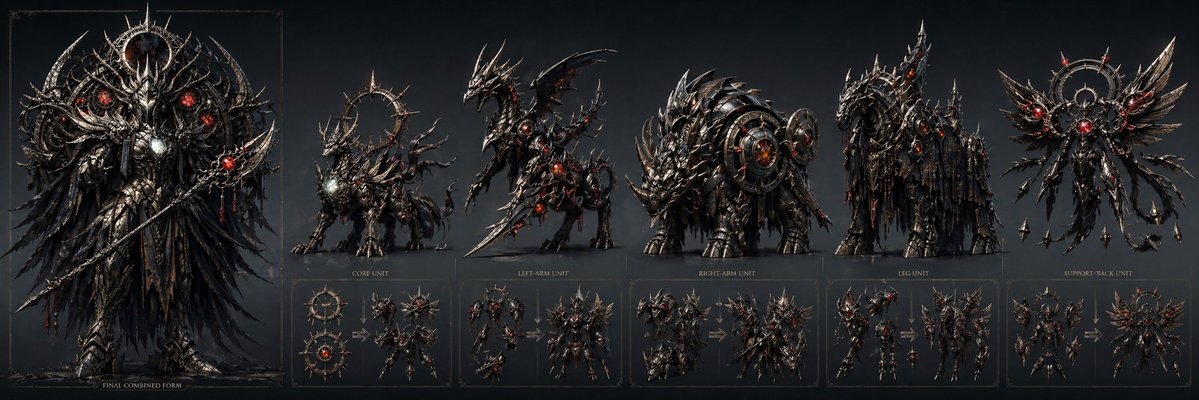 Gothic Combining Mecha Concept Sheet Qwen Image prompt example: A dark fantasy concept-art prompt for a five-unit combining robot lineup with labeled beast components,...