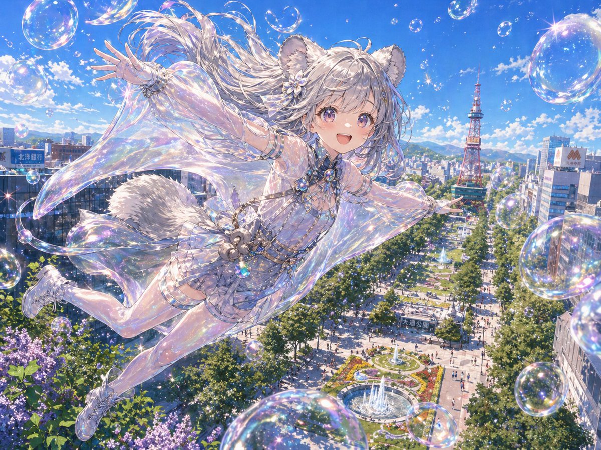 Iridescent Squirrel Girl Above Sapporo Qwen Image 프롬프트 예시: This prompt generates a polished anime fantasy cityscape of a sparkling squirrel-eared girl flying over Sapporo...