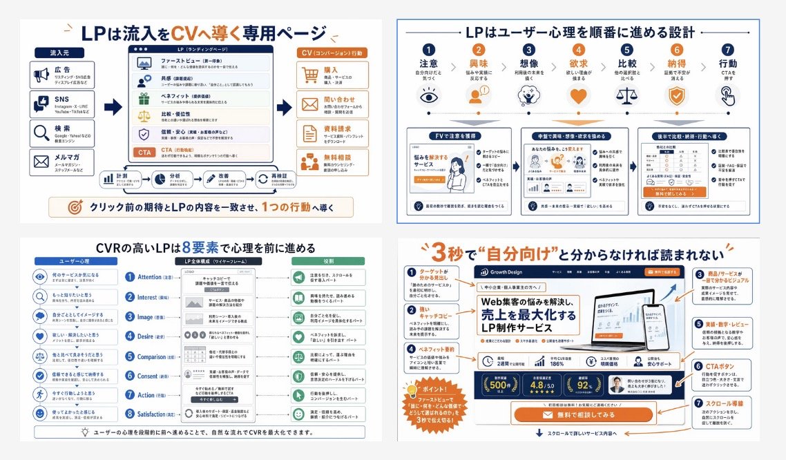 Japanese LP Conversion Infographic Grid のQwen Imageプロンプト例: A four-panel Japanese educational infographic that explains landing page structure, user psychology, and conversion...