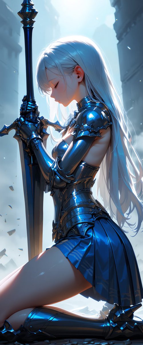 Kneeling Blue Armored Knight のQwen Imageプロンプト例: This prompt generates a vertical cinematic anime fantasy portrait of a kneeling female knight with a greatsword, ideal for...
