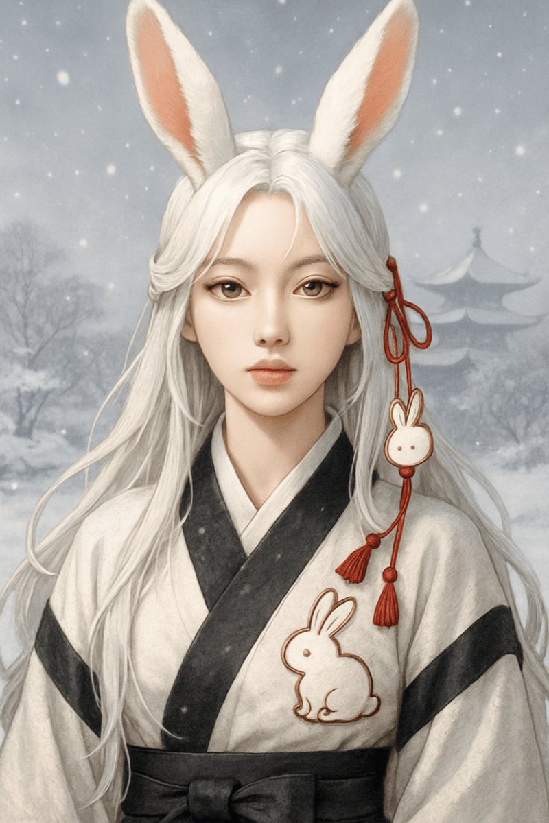 Snowy Rabbit Spirit Portrait Qwen Image prompt example: This prompt generates a serene fantasy portrait of an anonymous rabbit-eared woman in winter, ideal for atmospheric...
