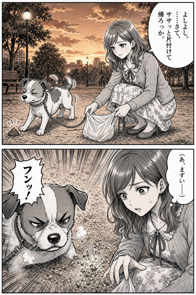 Manga Dog Kick at Sunset Park 的 Qwen Image 提示词示例图:A dramatic two-panel manga illustration of a Jack Russell Terrier kicking dirt after pooping in a park, ideal for humorous pet...