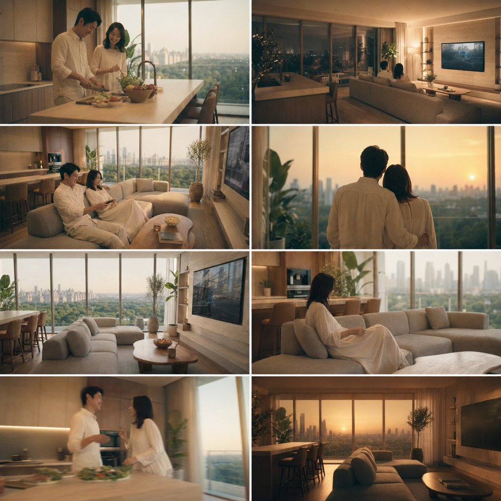8-Panel Luxury Apartment Couple Collage Qwen Image prompt example: This prompt turns a reference couple photo into an eight-scene cinematic interior-design lifestyle collage,...