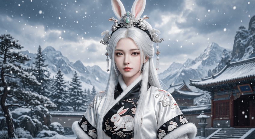 Snow Rabbit Empress Portrait GPT Image 2 prompt example: A realistic fantasy portrait prompt for generating a regal rabbit-themed woman in ornate winter hanfu standing in a snowy...