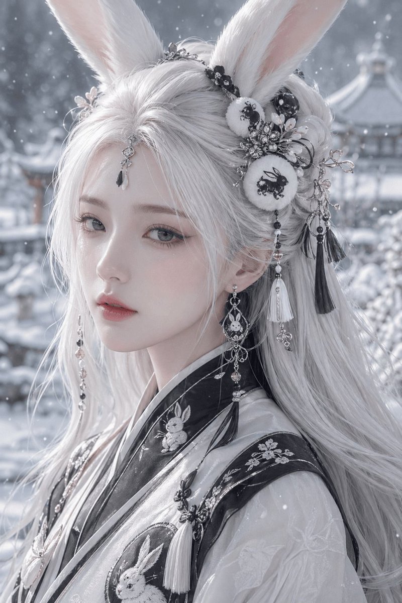 Snowy Rabbit Hanfu Portrait Qwen Image prompt example: This prompt generates an ultra-detailed fantasy beauty portrait of a rabbit-eared woman in embroidered hanfu, ideal for...