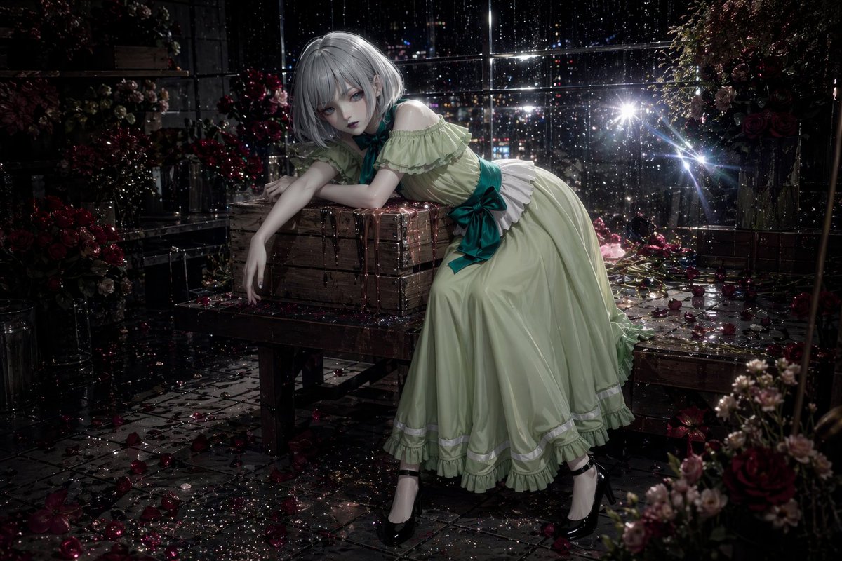 Rainy Night Floral Gothic Portrait Qwen Image 프롬프트 예시: This prompt generates a dramatic anime-style full-body portrait of an elegant girl in a rain-soaked flower-filled interior,...
