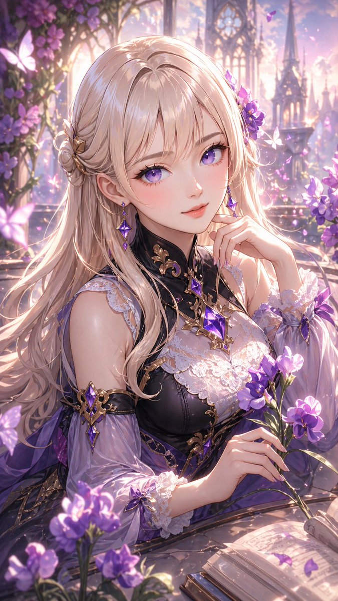 Elegant Fantasy Girl in Violet Garden のQwen Imageプロンプト例: This prompt generates a polished anime-style fantasy portrait of an elegant woman with glossy styled hair, ornate...