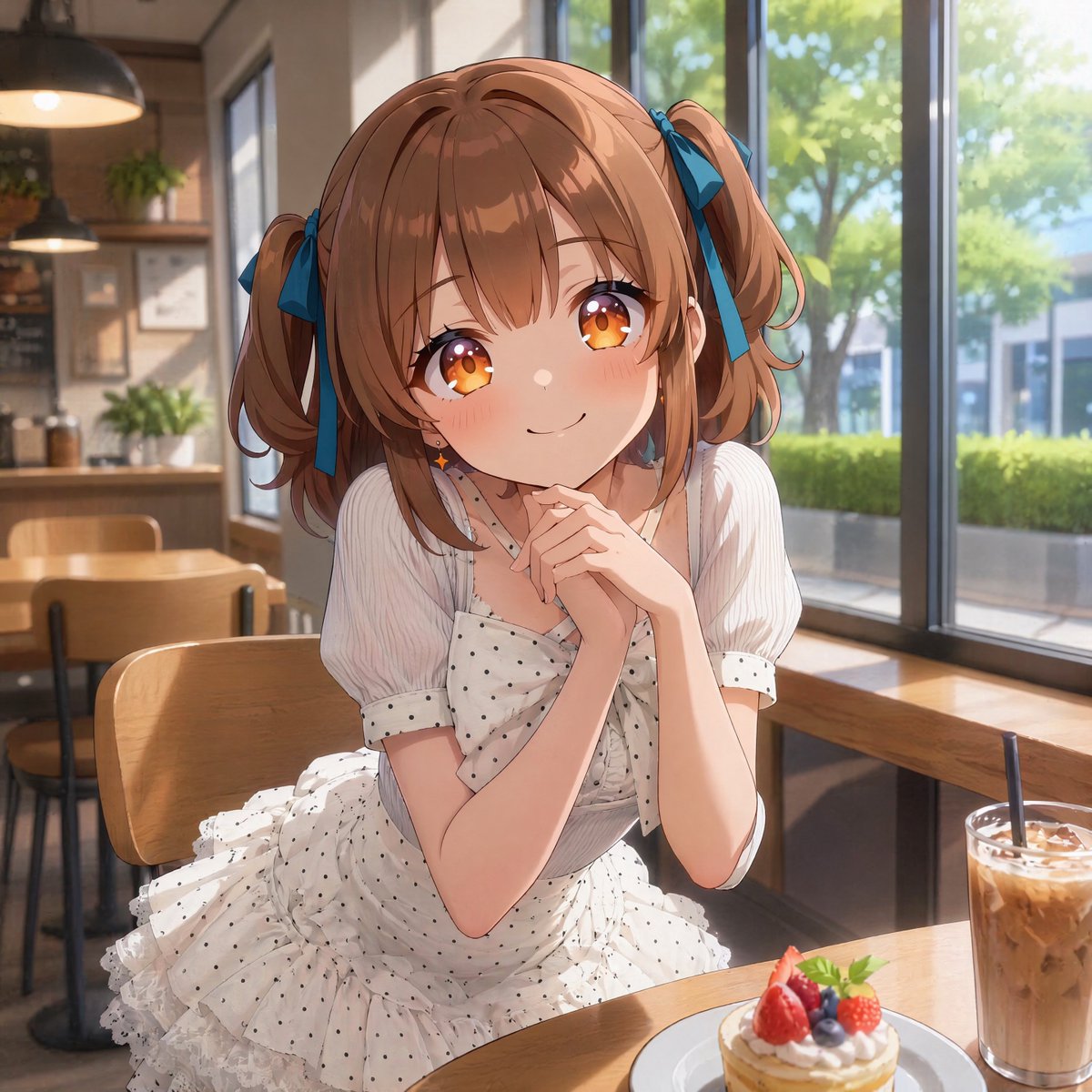 Anime Girl in Sunny Cafe Qwen Image prompt example: This prompt generates a warm, high-quality anime cafe portrait of a stylish girl in a frilly dress, ideal for social posts,...