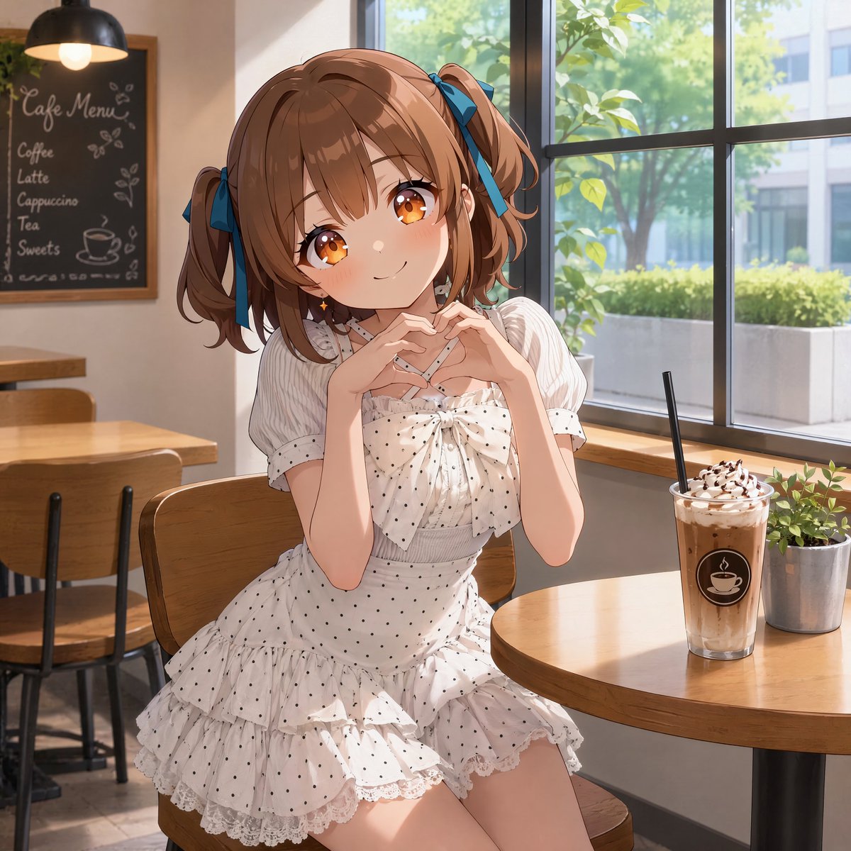 Anime Girl in Sunny Cafe Qwen Image prompt example variation 2: This prompt generates a warm, high-quality anime cafe portrait of a stylish girl in a frilly dress, ideal for...