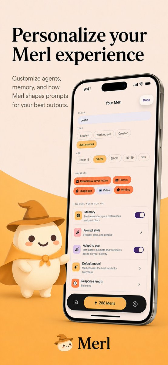 Merl iOS Personalization Screenshot Qwen Image 프롬프트 예시: A polished vertical iOS App Store-style marketing image showing a branded AI app customization screen with a mascot,...