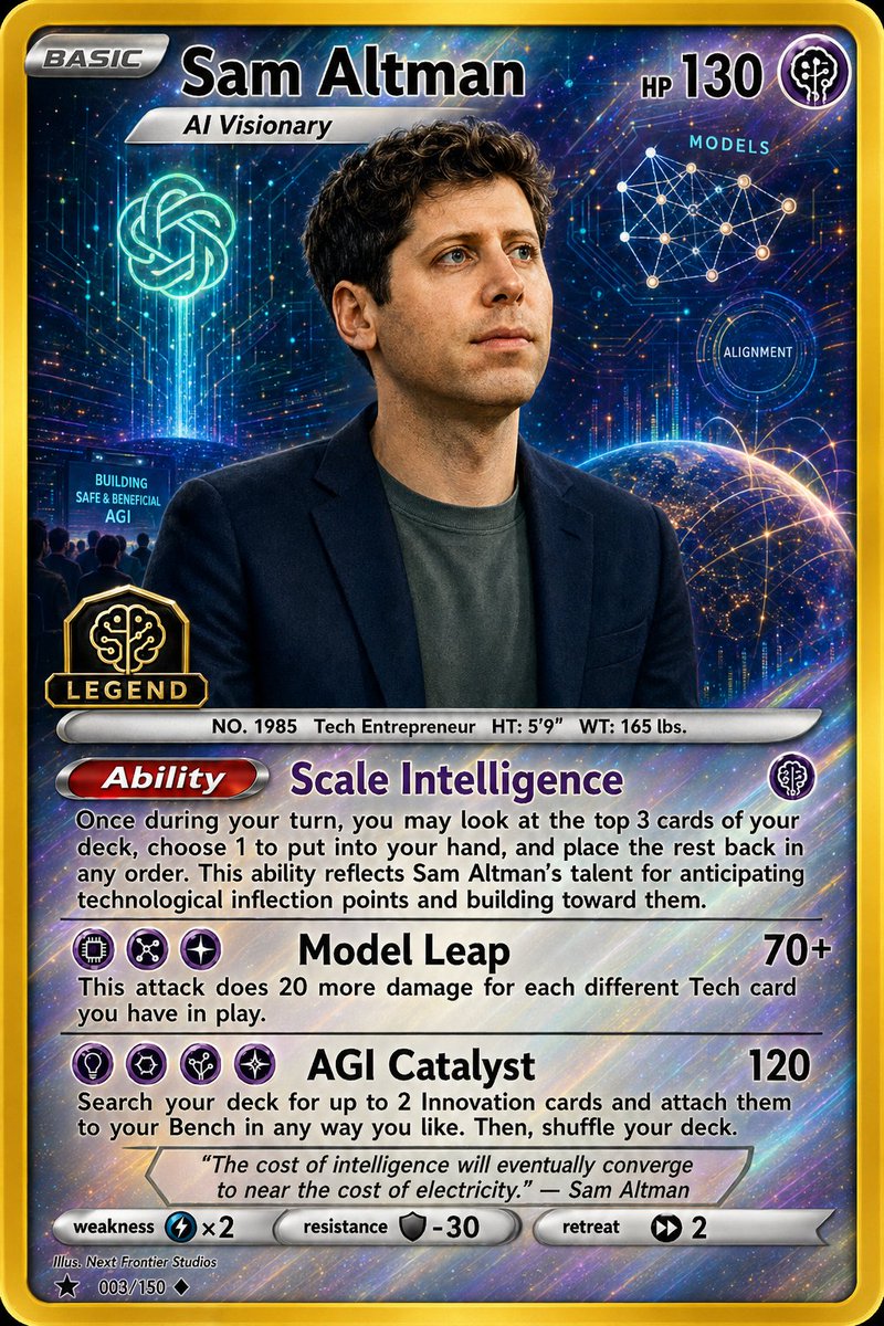 Holographic AI Visionary Trading Card Qwen Image prompt example: A premium sci-fi collectible trading card portrait of tech founder styled like a holographic battle card, ideal...