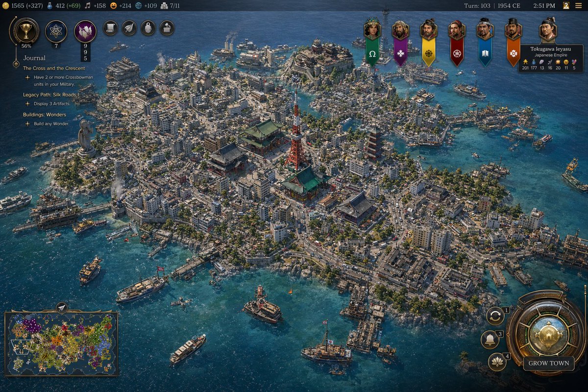Civ-Style 1954 Tokyo Harbor Screenshot Qwen Image prompt example: This prompt generates a polished Civilization-style strategy game screenshot of a dense mid-century Japanese...