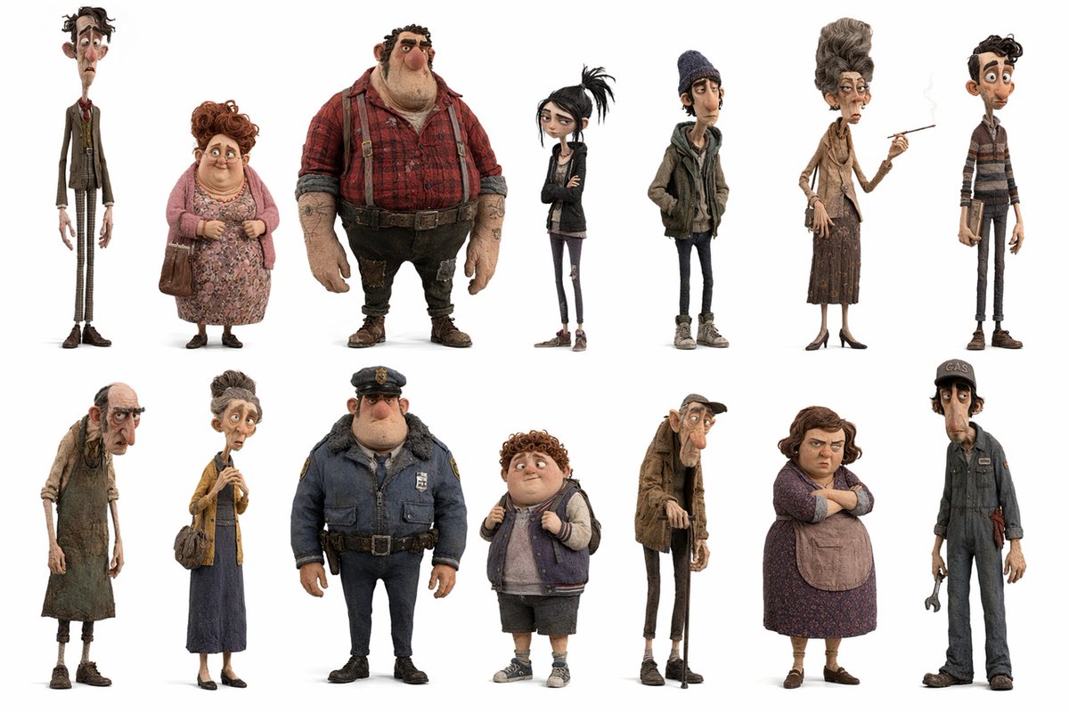Whimsical Animated Townsfolk Lineup Qwen Image 프롬프트 예시: This prompt generates a 13-character full-body ensemble lineup in a stylized stop-motion-inspired animated film aesthetic,...