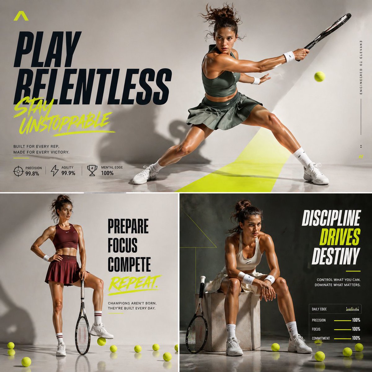 Premium Tennis Editorial Campaign Qwen Image 프롬프트 예시: A detailed sports branding prompt for a 3-panel tennis advertisement featuring high-contrast studio lighting and dynamic...