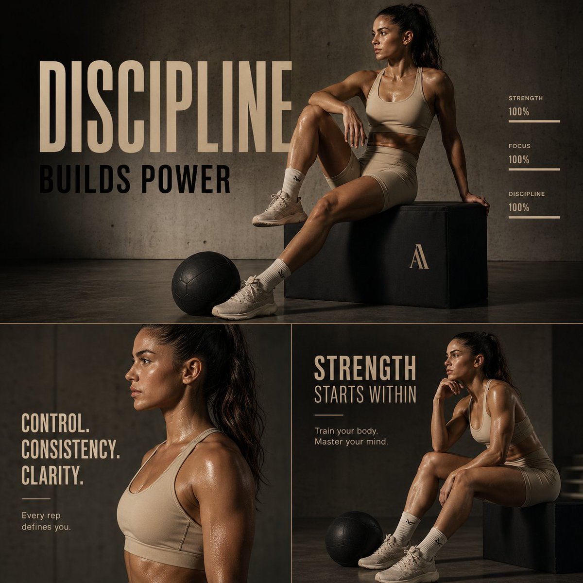 Luxury Fitness Advertising Poster GPT Image 2 prompt example: A comprehensive multi-panel collage prompt for a high-end fitness editorial campaign with industrial aesthetic and...