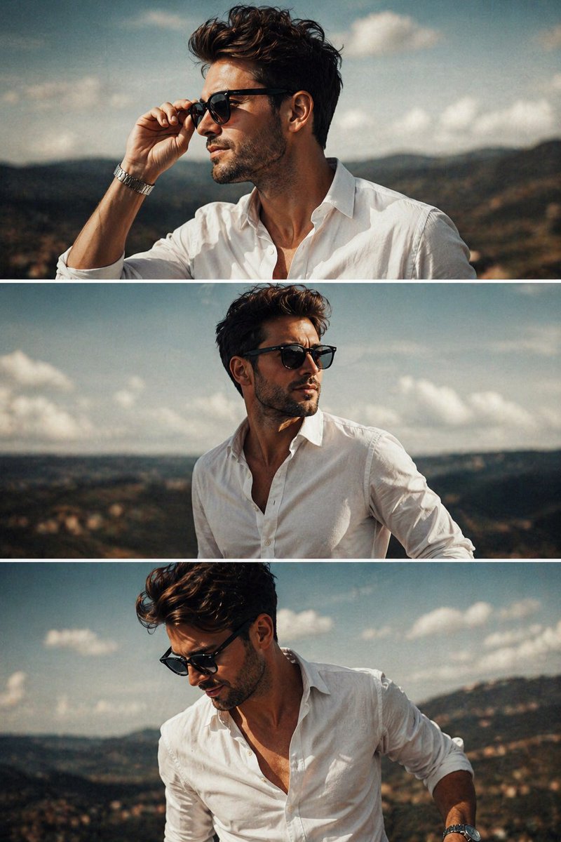 Cinematic Fashion Triptych Qwen Image 프롬프트 예시: A high-contrast fashion editorial prompt creating a vertical three-frame collage of a man in a scenic landscape.